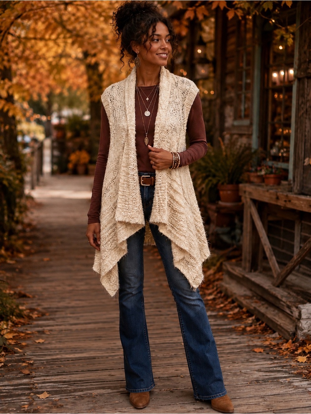 Style & Co Cream Open Knit Draped Sweater Vest XL Boho Cozy Layering Cardigan